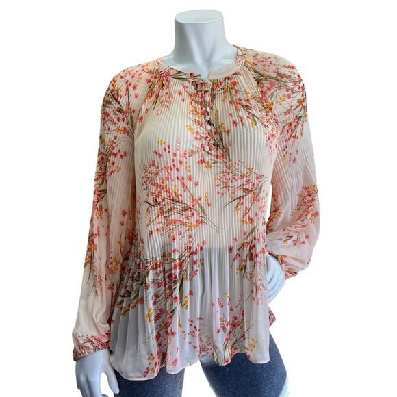 CeCe Women's Pleated Floral-Print Long-Sleeve Top Size M - Picture 2 of 9
